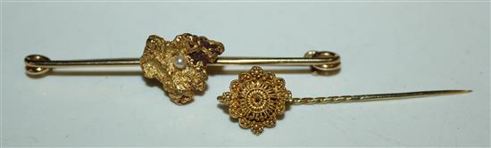 Gold nugget bar brooch and gold stick pin